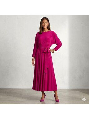 Lauren Ralph Lauren Womens Fuchsia Belted Jersey Midi Dress Sz 16 Comfort Party